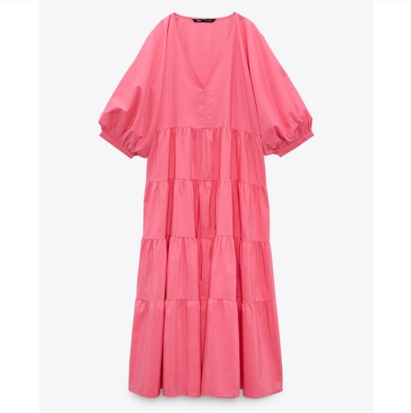 ZARA * Tiered Poplin Pink Dress Voluminous Flowy Maxi - Picture 8 of 13